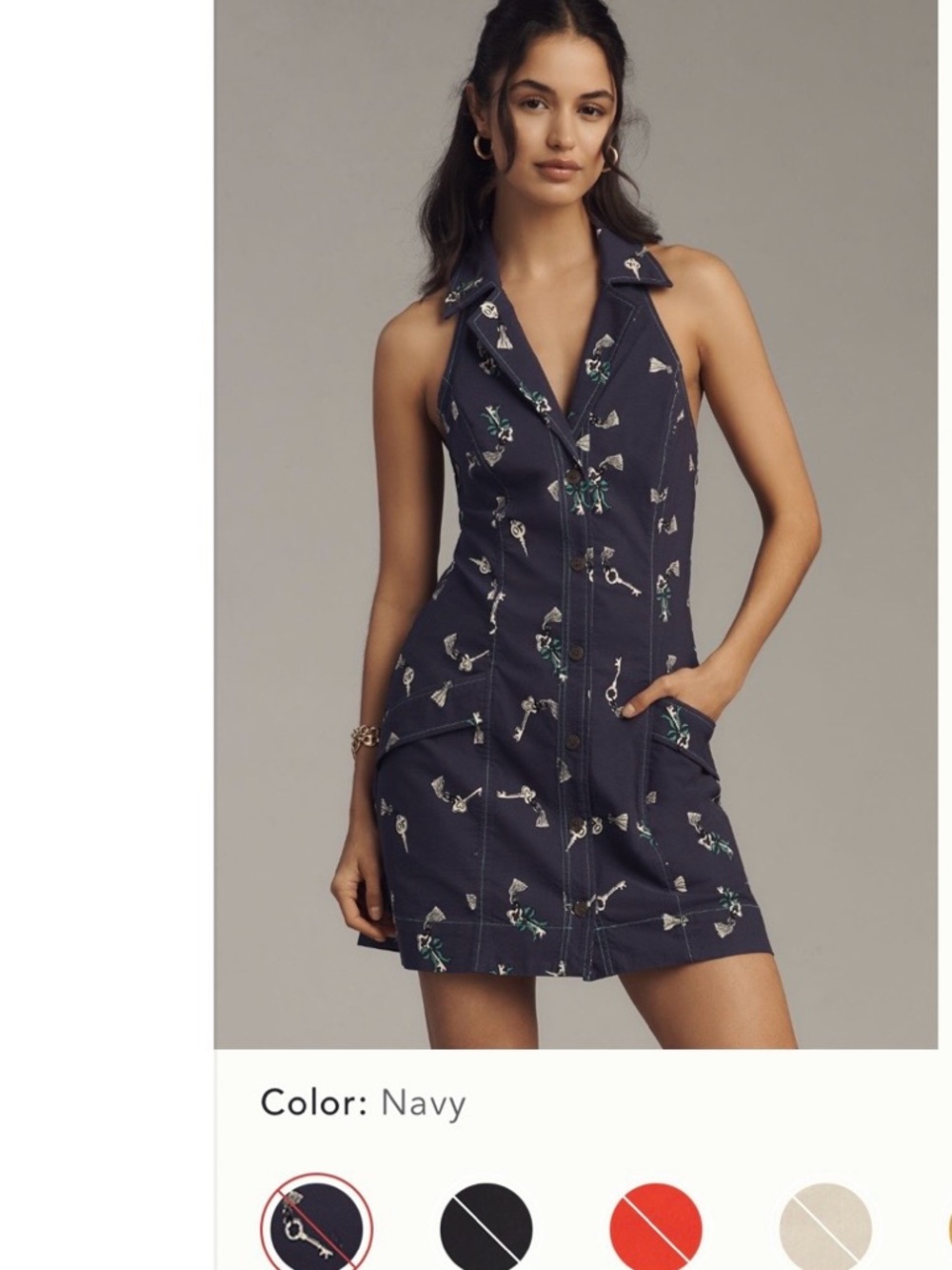 NWOT  Navy Amelia collared Halter button up Mini Dress with Key print M